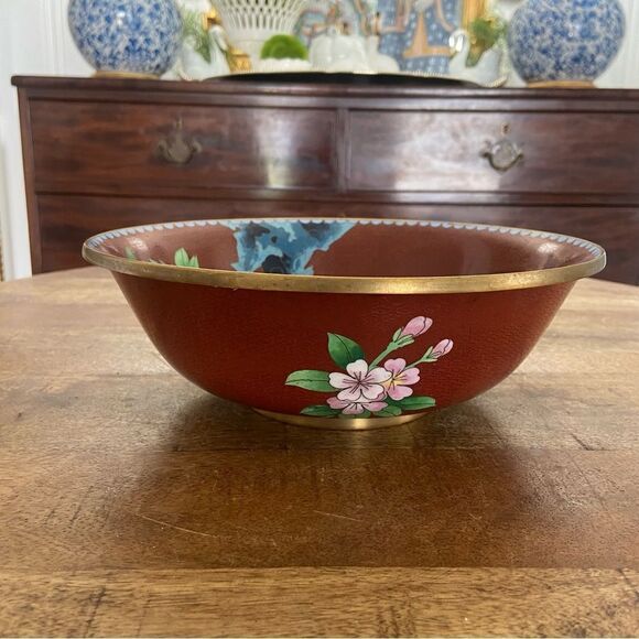 Vintage 10” Cloisonné floral bowl in rust and baby blue with floral design - Picture 1 of 7